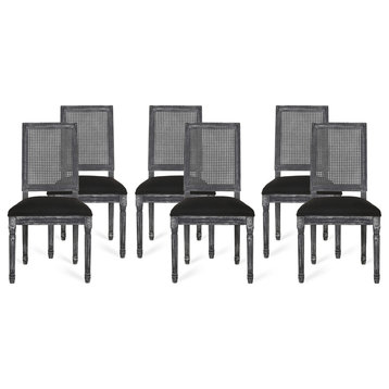 Brownell French Country Wood and Cane Upholstered Dining Chair (Set of 6), Black/Gray
