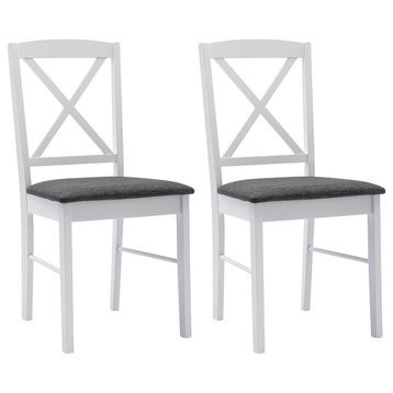 Set of 2 Cross Back Wood Chairs, White/Upholstered