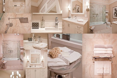 Mid-sized trendy master beige tile and porcelain tile porcelain tile bathroom photo in Toronto with an undermount sink, flat-panel cabinets, white cabinets, solid surface countertops, a two-piece toilet and beige walls