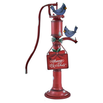 Old Style Red Iron Water Pump With "Merry Christmas" Sign and Bluebirds