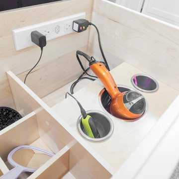 Hartville Cabinet's Primary Bath Divider Drawer With Hidden Power