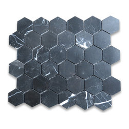 Stone Center Online - Nero Marquina Black Marble 2 inch Hexagon Mosaic Tile Polished, 1 sheet - Mosaic Tile