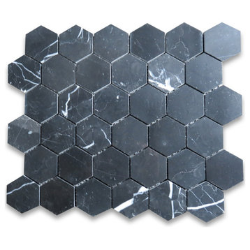 Nero Marquina Black Marble 2 inch Hexagon Mosaic Tile Polished, 1 sheet