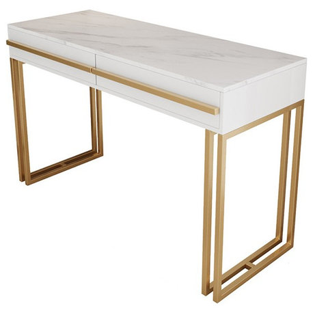 47" Office Desk, Drawers Marble Veneer Top Gold Hardware, White, Large