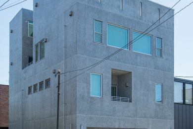 Foto de fachada de casa gris moderna extra grande con revestimiento de hormigón y tejado plano