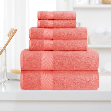 6 Piece Cotton Zero Twist Textured Towel Set, Coral