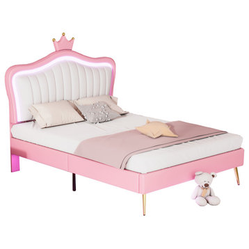 Modern Upholstered Princess Bed With LED Lights(  No mattress), White+pink, Queen Size