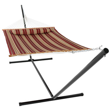 Sunnydaze 2-Person Quilted Spreader Bar Hammock and 12' Stand, Red Stripe