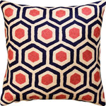 Kashmir Designs - Contemporary Honeycomb Navy/Coral Decorative Pillow Cover Wool 18x18" - Kashmir is proud to bring together the modern abstract vector design pillow cover collection, hand embroidered by the finest artisans of Kashmir, into the living spaces of patrons and connoisseur all around the world. These unique, seamless and modern pillow covers would bring together the artistic elements of any room, creating a harmonious design and perfect air of sophistication.