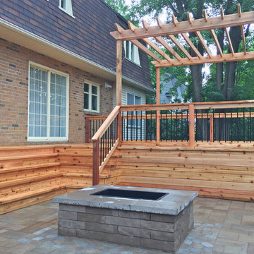 Western Red Cedar Deck with Cedar Pergola & Stone Patio & Stone Fireplace