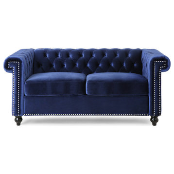 Timber Contemporary Button Tufted Loveseat with Nailhead Trim, Midnight Blue and