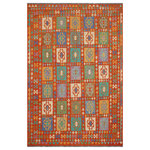 Bareens Designer Rugs - Rustic Turkish Kilim Lavonne Hand-Woven Wool Rug - 8'2'' x 9'11'' - Elevate the elegance of your home with this stunning hand-woven tribal Kilim wool rug. Meticulously crafted on a loom by the Nomad Turkman people using hand-spun wool and 100% natural vegetable dyes, these rugs are recognized for their repetitive geometric patterns, incorporating naturalistic floral and traditional designs. The contemporary fashion palette results in bold, sharp patterns that are incredibly versatile, as the pattern is the same on both sides. These reversible rugs feature a lighter shade on one side and brighter colors on the other, providing versatility according to preference. These unique rugs are made by knotting short strands of different colors onto the warps and securing them by tightly pressing the wefts. The designs are created by interweaving the various colored wefts and warps. Kilims are known for their exceptional durability and versatility, making them truly unique rugs.  Product Details    Rug Size: 8'2'' x 9'11''  Material: 100% Wool  Style: Kilim, Flat Weave, Dhurrie, Turkish, Southwestern, Rustic, Tribal  Colors: Rust, Blue  Weave Type: Hand-Woven, Handmade  Pile Height: Less than 0.25 inch