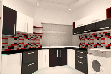 Mid-sized minimalist u-shaped porcelain tile and white floor enclosed kitchen photo in Other with a double-bowl sink, flat-panel cabinets, white cabinets, granite countertops, white backsplash, porcelain backsplash, stainless steel appliances and no island