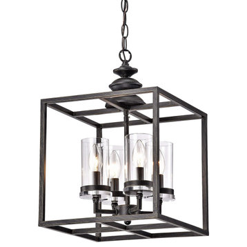 Iris 4-Light Antique Black Lantern Chandelier With Clear Glass Cylinders