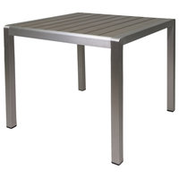 Hallie Outdoor Anodized Aluminum Dining Table With Tempered Glass Table Top, Faux Wood