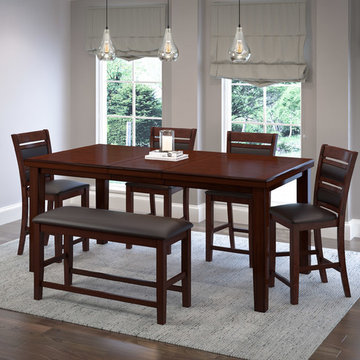 CorLiving 6-Piece Extendable Dining Set Warm Brown Wood/Chocolate Bonded Leather