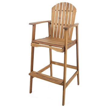 Set of 2 Outdoor Bar Stool, Acacia Wood Frame With Slatted Back, Natural Stained