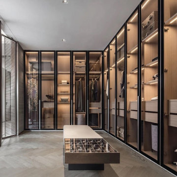 High-End Modern Closet with Framed Glass Doors