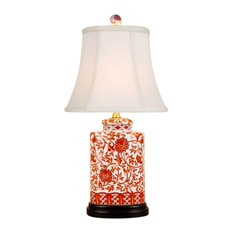 Chinese Orange and White Porcelain Tea Jar Lamp Lotus Pattern Shade