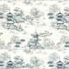Blue Pagoda Toile Fabric Mid Century Asian Tea House Material, Standard Cut- 24" Length