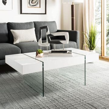 Modern Coffee Table, Unique Design With Glass Legs & Rectangular Top, White