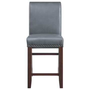 24" Parsons Barstool With Antique Bronze Nail Heads, Pewter Faux Leather