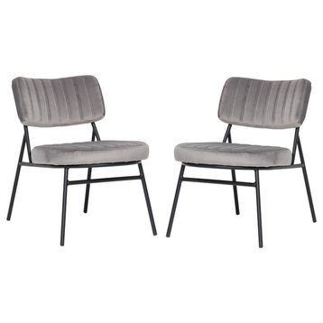 LeisureMod Marilane Velvet Accent Chair W/ Metal Frame Set of 2 in Fossil Grey