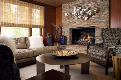 Living room - mid-sized rustic carpeted living room idea in San Francisco with brown walls, a standard fireplace and a stone fireplace