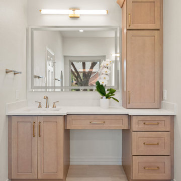 Custom Light Wood Makeup Vanity Desk with Linen Tower Cabinet and Framed Mirror