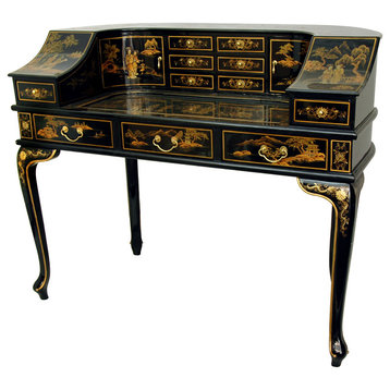 Black Lacquer Ladies Desk With Gold Chinoiserie