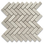 Stone Center Online - Non Slip Tumbled Crema Marfil Marble 1x3 Herringbone Shower Floor Tile, 1 sheet - Crema Marfil Marble 1" x 3" pieces mounted on 12" x 12 3/4" sturdy mesh tile sheet