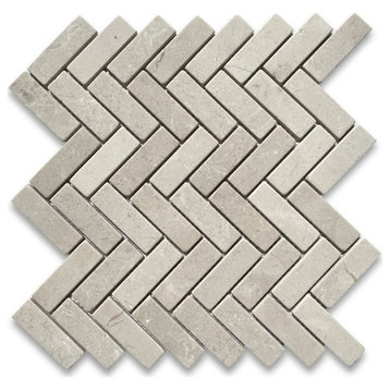 Non Slip Tumbled Crema Marfil Marble 1x3 Herringbone Shower Floor Tile, 1 sheet