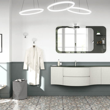 Contemporary grey bathroom with curved vanity