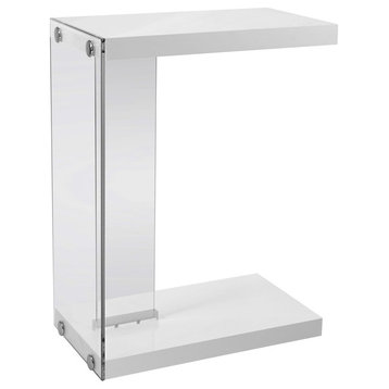 Accent Table, C-shaped, End, Side, Snack, Bedroom, Tempered Glass, Glossy White