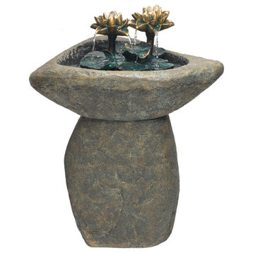 30" Tall Outdoor Pedestal Lotus Rock Waterfall Fountain With LED Lights