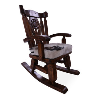 Wooden Rocking Chair Handcarved Back Removable Hair-On Cowhide Pillow ...
