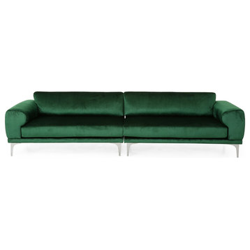 Modern Sofa, Silver Legs With Large Velvet Upholstered Seat & Round Arms, Green