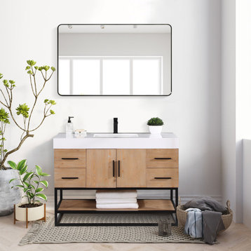 Bianco Bathroom Vanity Composite Stone Top, Light Brown/Matte Black, 48d", With Mirror