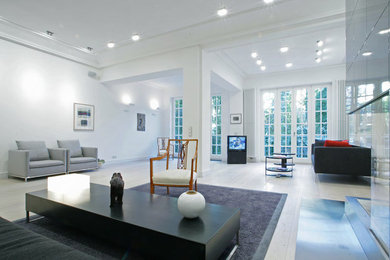 Geräumiges, Offenes Modernes Wohnzimmer mit weißer Wandfarbe, hellem Holzboden und freistehendem TV in Düsseldorf