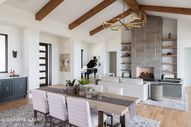 Example of a large minimalist open concept light wood floor family room design in Austin with white walls, a standard fireplace and a stone fireplace