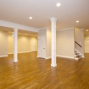 Inspiration for a large classic look-out basement in New York with medium hardwood flooring, beige walls and no fireplace.