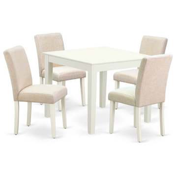 5Pc Square 36" Table And Four Parson Chair, White Leg And Fabric Light Beige
