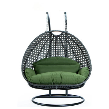 2 Person Charcoal Wicker Double Hanging Egg Swing Chair, Dark Green