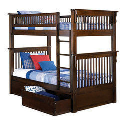 Colorado Twin over Twin Bunk Bed with Flat Panel Drawers in Antique Walnut - Bunk Beds