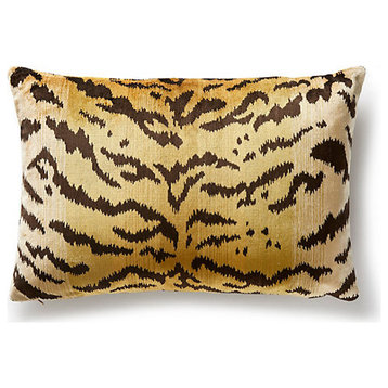 Tigre Silk Lumbar Pillow, Ivory, Gold & Black, 22" X 14"