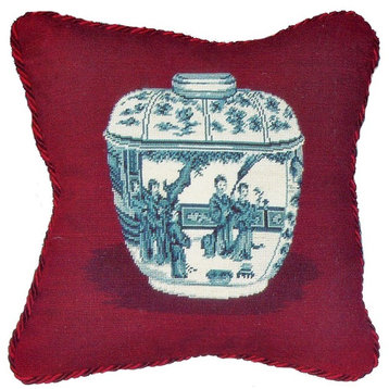 Ming Dynasty Jar Petit Point Pillow, Burgundy