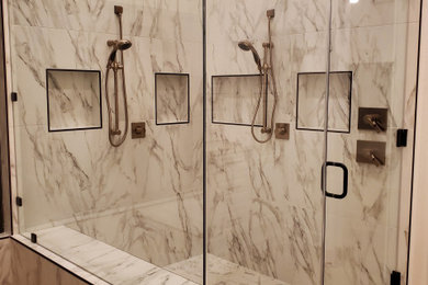 Inspiration for a large modern master stone tile light wood floor, brown floor and vaulted ceiling bathroom remodel in Phoenix with white walls and a hinged shower door