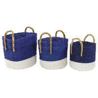 Large Round Royal Blue and White Block Color Seagrass Baskets, Set of 3