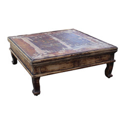 Chinese Rustic Vintage Brown Square Wood Top Kang Coffee Table - Coffee Tables