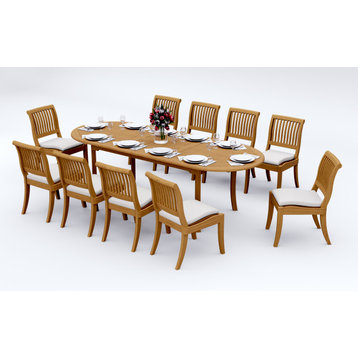 11-Piece Teak Dining Set, 94" Ext Oval Table, 10 Arbor Stacking Armless Chairs